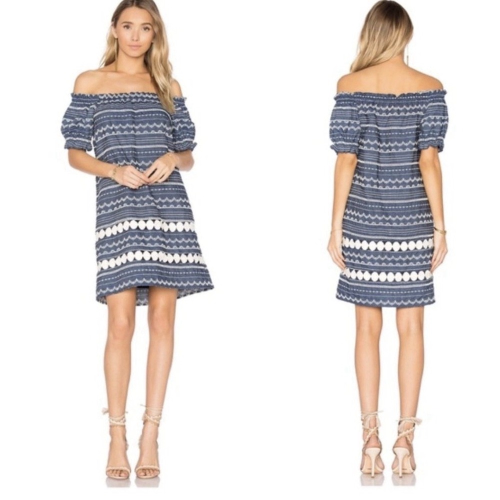 Parker Damaris Chambray Off Shoulder Embroidered Mini Dress Cotton Boho XS $248